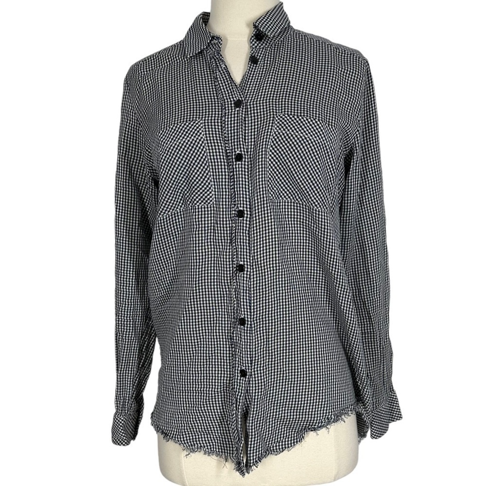 THE KOOPLES Raw Hem Button Down Gingham Plaid Shirt